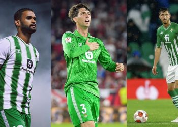 Imágenes de Willian José, Juan Miranda y Guido Rodríguez, de izquierda a derecha, con la camiseta del Betis | Imagen: Real Betis