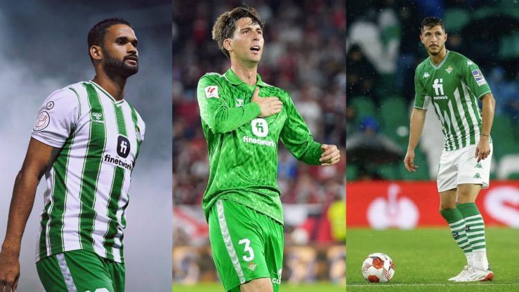Imágenes de Willian José, Juan Miranda y Guido Rodríguez, de izquierda a derecha, con la camiseta del Betis | Imagen: Real Betis