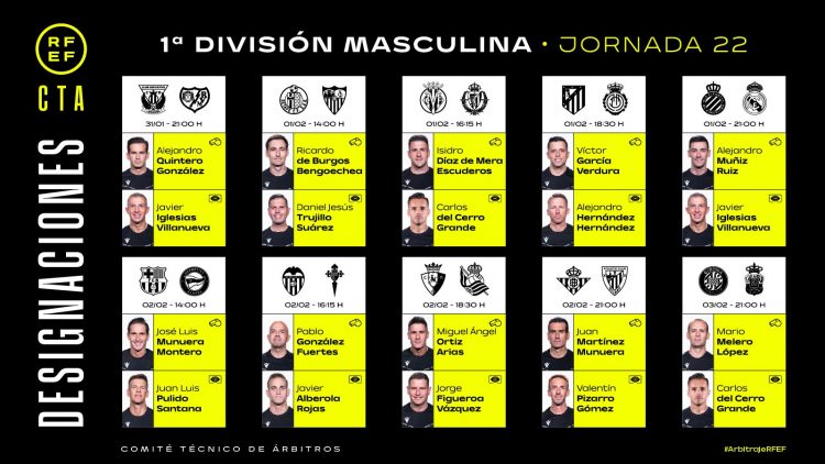 Estos son los árbitros de la jornada 22
