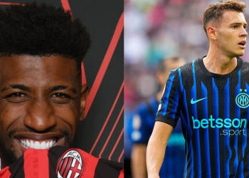 Emerson Royal posando con la camiseta del AC Milán y Asllani disputando un partido con el Inter. | Imagen: Luis Alfonso Fernández.