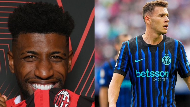 Emerson Royal posando con la camiseta del AC Milán y Asllani disputando un partido con el Inter. | Imagen: Luis Alfonso Fernández.