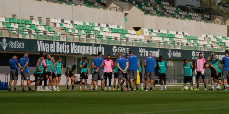 Plantilla del Real Betis Balompié sobre el césped de la Ciudad Deportiva Luis del Sol. | Imagen: perfil de X @RealBetis.