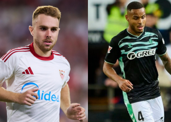 Peque y Natan, jugadores del Sevilla FC y del Real Betis respectivamente. | Imagen: Edit Luis Alfonso Fernández.