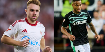 Peque y Natan, jugadores del Sevilla FC y del Real Betis respectivamente. | Imagen: Edit Luis Alfonso Fernández.