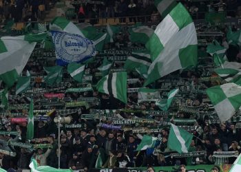 Aficionados del Real Betis animando a su equipo en La Cartuja. | Imagen: perfil de X @RealBetis.