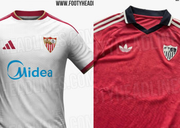 Primera y segunda equipación del Sevilla para la temporada 2026-27. | Imagen: página web Footy Headlines.