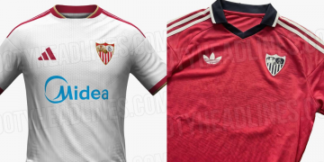 Primera y segunda equipación del Sevilla para la temporada 2026-27. | Imagen: página web Footy Headlines.
