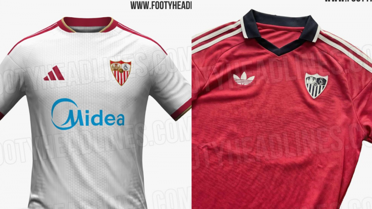 Primera y segunda equipación del Sevilla para la temporada 2026-27. | Imagen: página web Footy Headlines.
